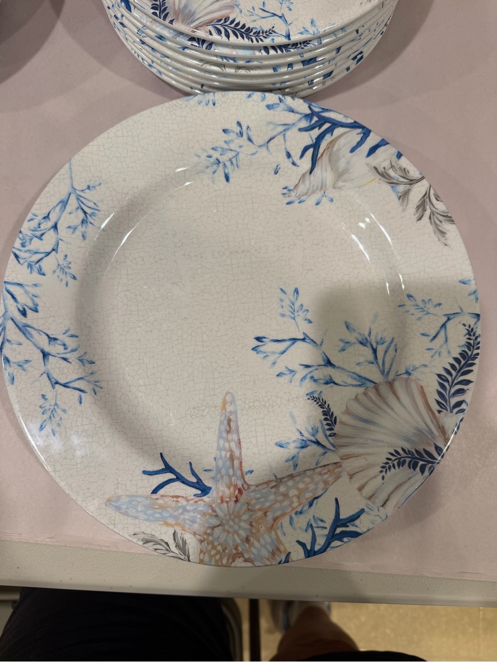 Seaside Floral Dinner Plate in White and Blue - Coastal Motif